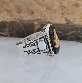 Master Mason Blue Lodge Ring - Onyx, Compass & Square Symbol - Bricks Masons