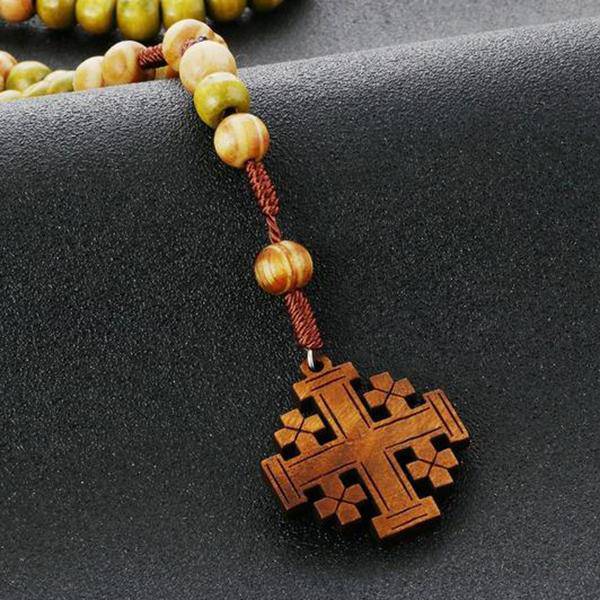 Knights Templar Necklace - Wooden Rosary Beaded Jerusalem Cross - Bricks Masons