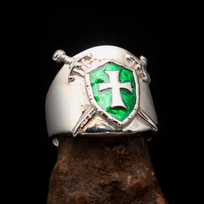Knights Templar Ring - Green Templar Shield Cross Sterling Silver - Bricks Masons