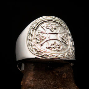 Knights Templar Ring - Polished Cross Sterling Silver - Bricks Masons
