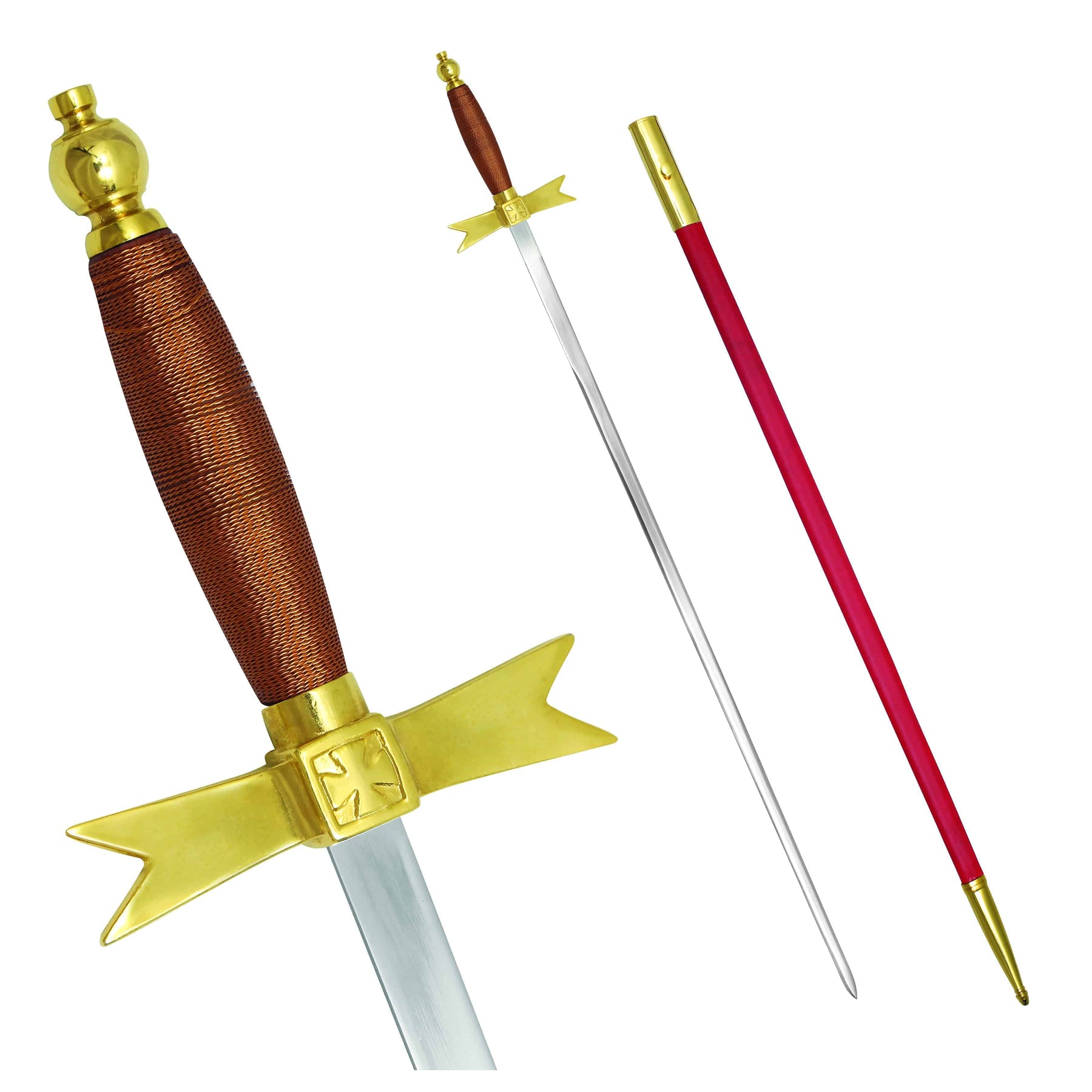 Knights Templar Sword - with Brown Hilt and Red Scabbard - Bricks Masons