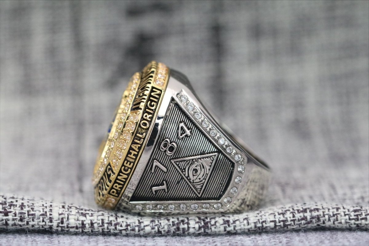 Master Mason Blue Lodge Ring - White Gold Plated & 18k Yellow Gold Face - Bricks Masons