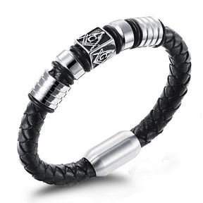 Master Mason Blue Lodge Bracelet - Compass and Square G Leather with Magnetic Clasp - Bricks Masons