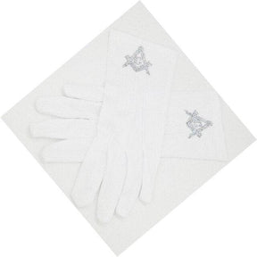 Master Mason Blue Lodge Gloves - Polyester With Square and Compass G Rhinestone - Bricks Masons