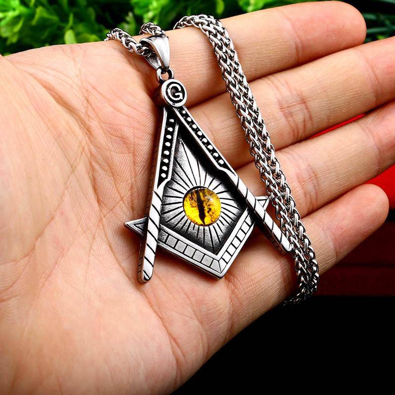 Master Mason Blue Lodge Necklace - Yellow Eye Stainless Steel - Bricks Masons