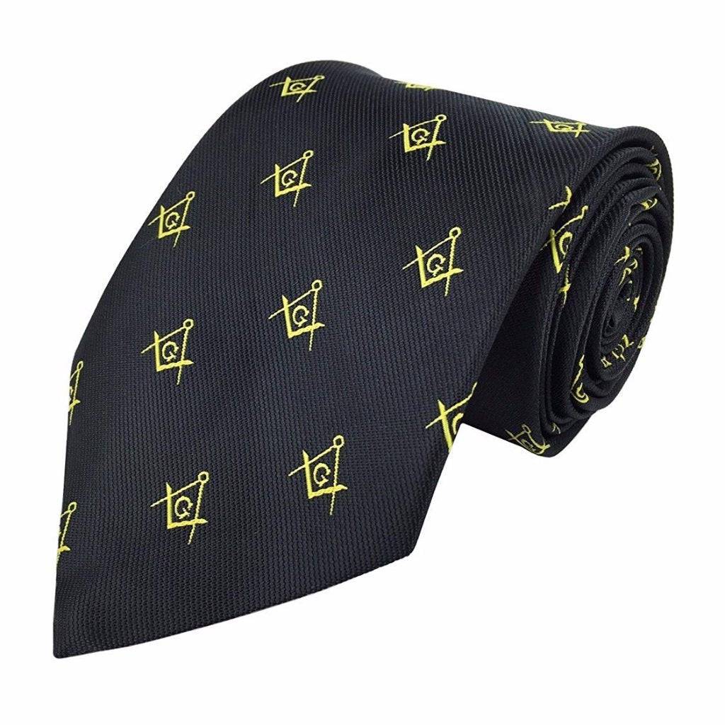 Master Mason Blue Lodge Necktie - Black & Gold Silk Square & Compass G - Bricks Masons