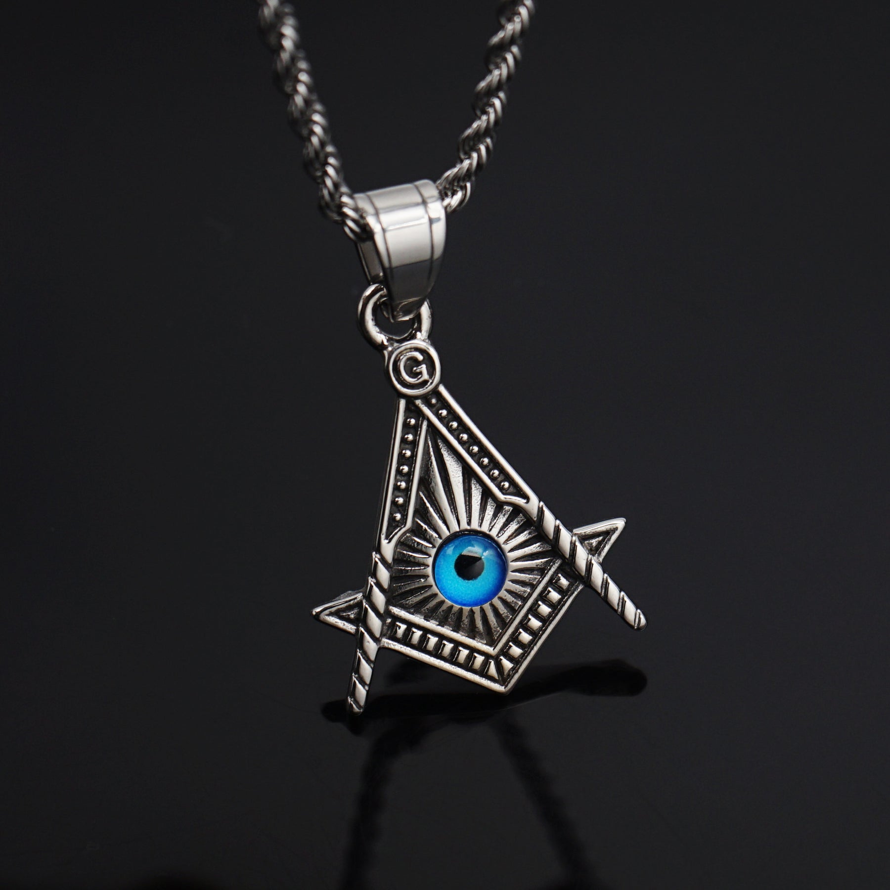 Master Mason Blue Lodge Pendant - Silver Titanium Steel Blue All Seeing Eye - Bricks Masons