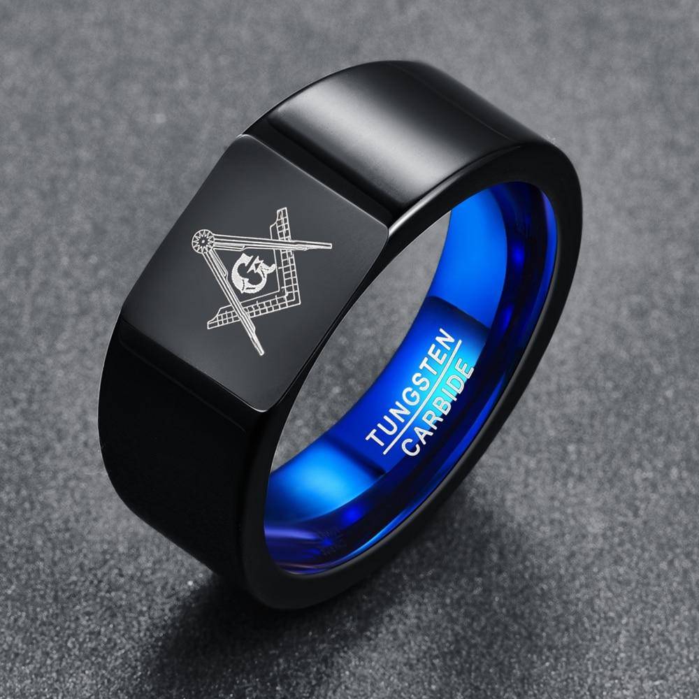 Master Mason Blue Lodge Ring - Black & Blue Tungsten Personalizable - Bricks Masons