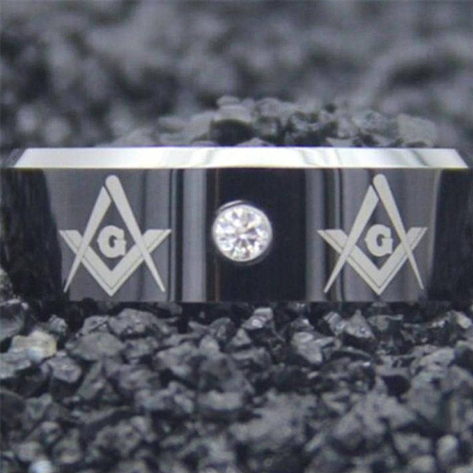 Master Mason Blue Lodge Ring - Black Silver Bevel With CZ Stone - Bricks Masons
