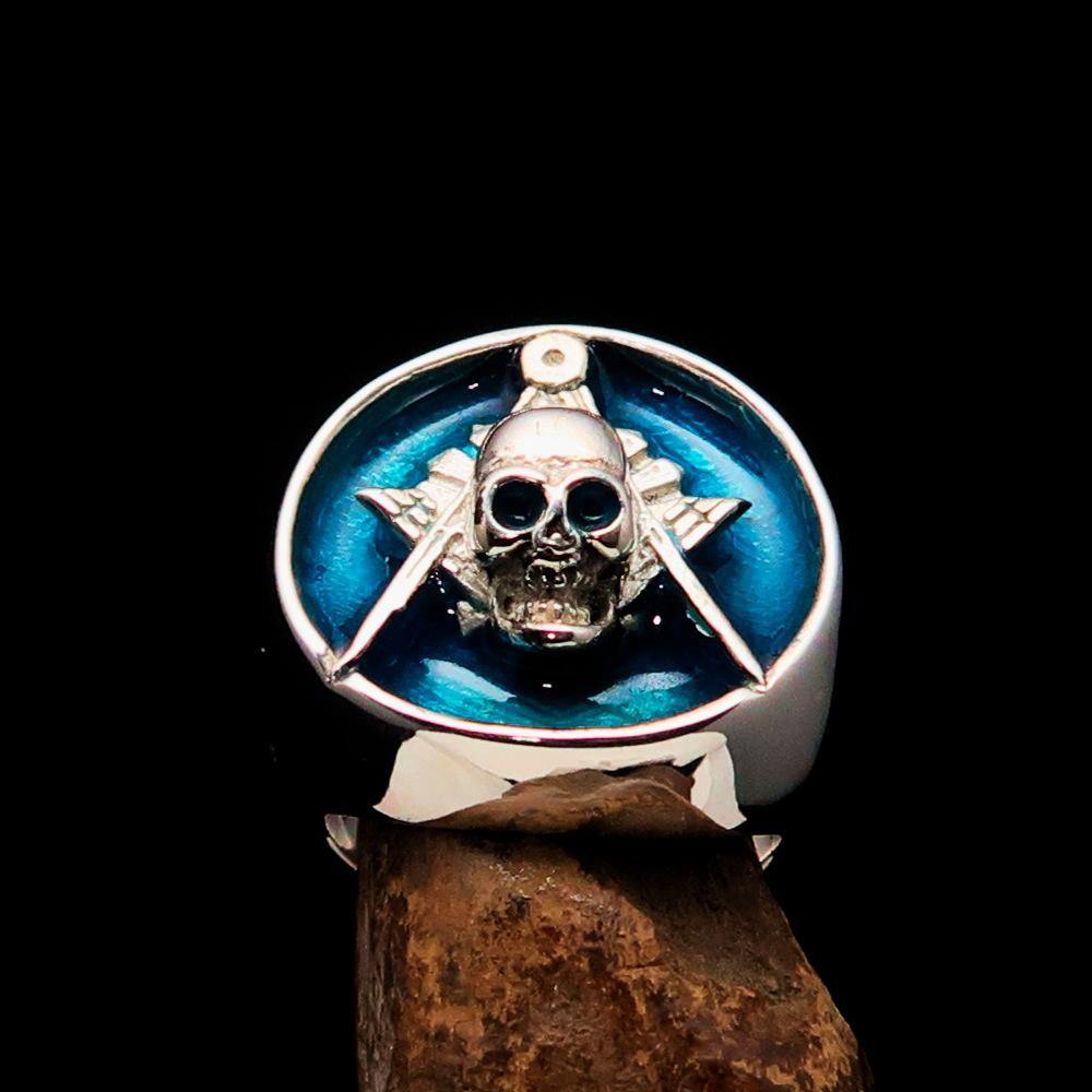 Master Mason Blue Lodge Ring - Blue Sterling Silver With Skull Square and Compass - Bricks Masons