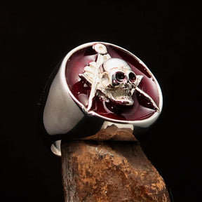 Master Mason Blue Lodge Ring - Red Sterling Silver With Skull Square Compass - Bricks Masons