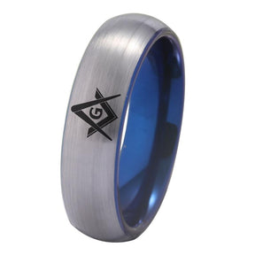 Master Mason Blue Lodge Ring - Silver With Blue Tungsten Personalizable - Bricks Masons