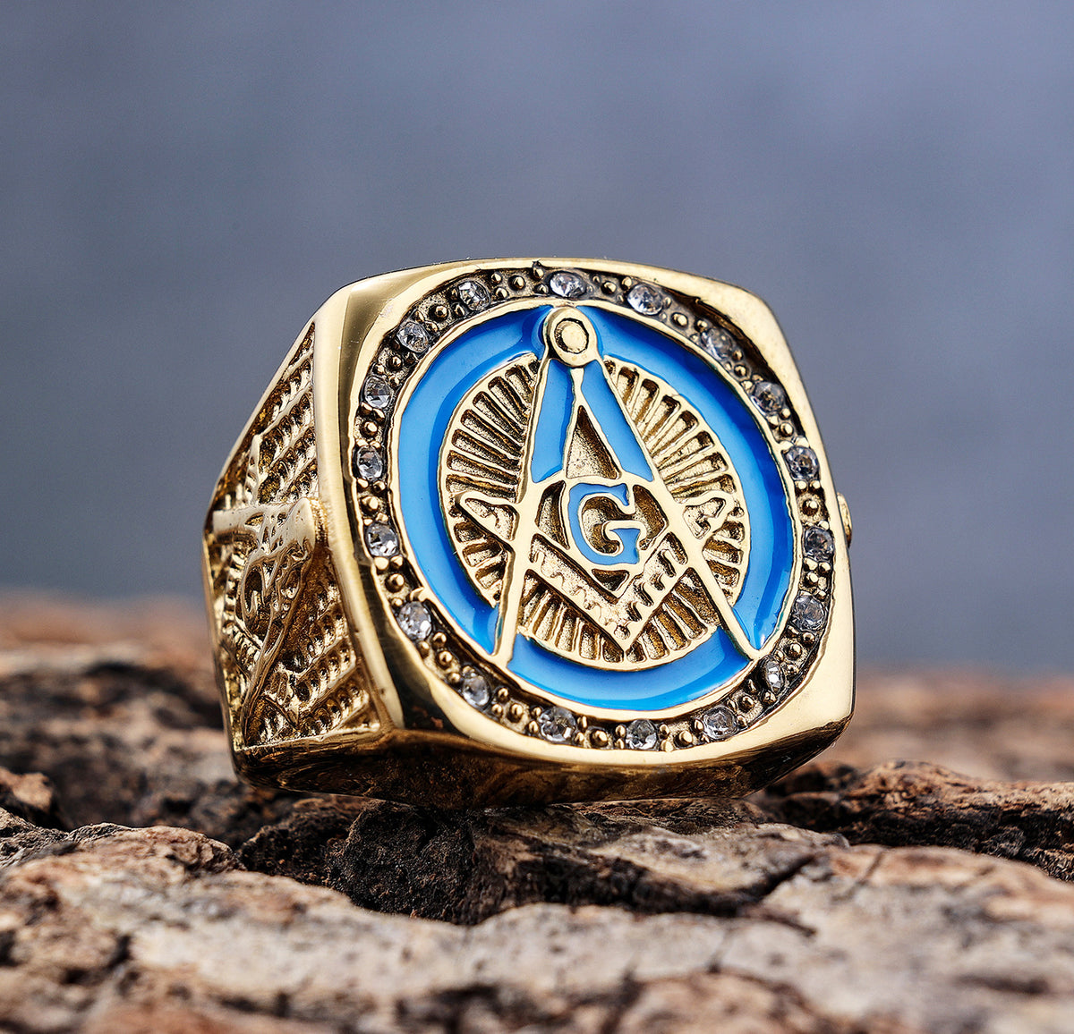Master Mason Blue Lodge Ring - Square and Compass G Rhinestone - Bricks Masons