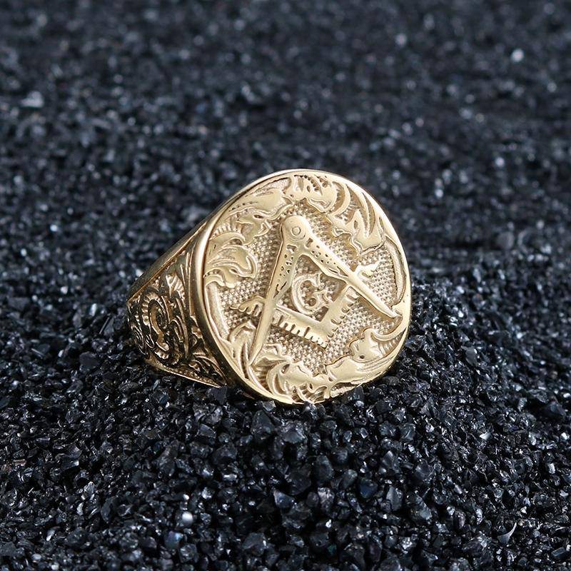 Master Mason Blue Lodge Ring - Square Compass G Motif Gold Color - Bricks Masons