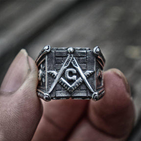 Master Mason Blue Lodge Ring - Square & Compass G/Sun and Moon Stainless Steel - Bricks Masons