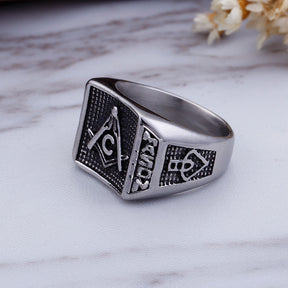 Master Mason Blue Lodge Ring - Stainless Steel Silver Mason Square & Compass G - Bricks Masons