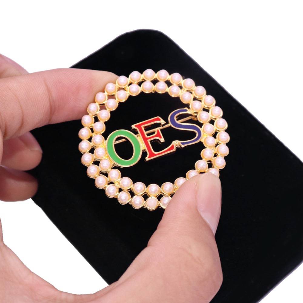 OES Brooch - Zinc Alloy With Pearls & Crystals - Bricks Masons