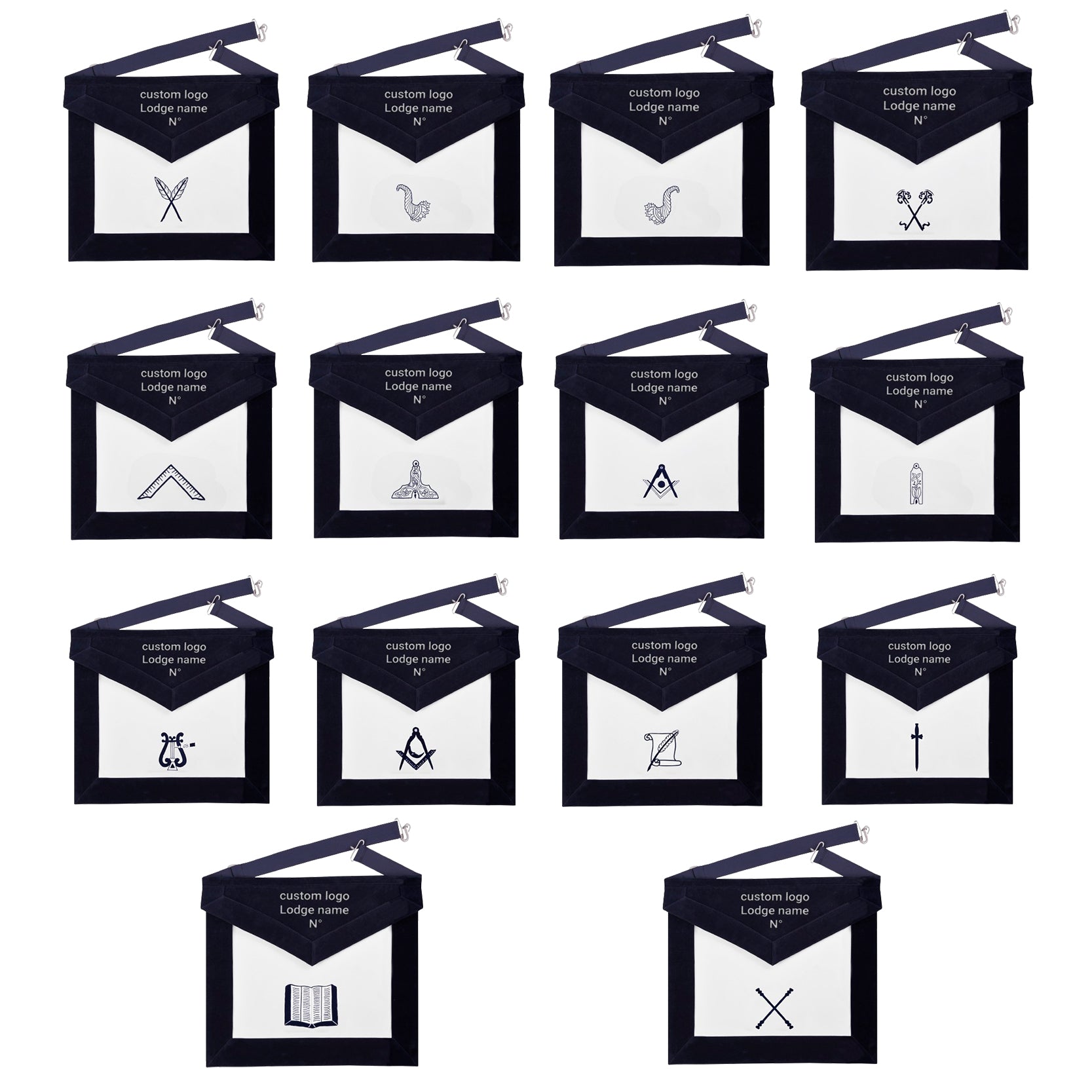 Officers Blue Lodge Officer Apron Set - Machine Embroidery (Set of 14) - Bricks Masons