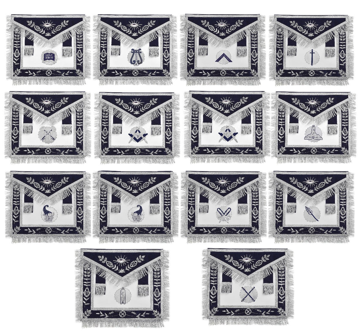 Officers Blue Lodge Officer Apron Set - Navy Velvet Machine Embroidery (Set of 14) - Bricks Masons
