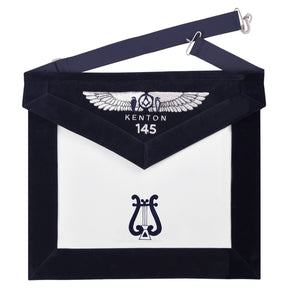 Organist Blue Lodge Officer Apron - Kenton Lodge Navy Velvet With Silver Embroidery Thread - Bricks Masons