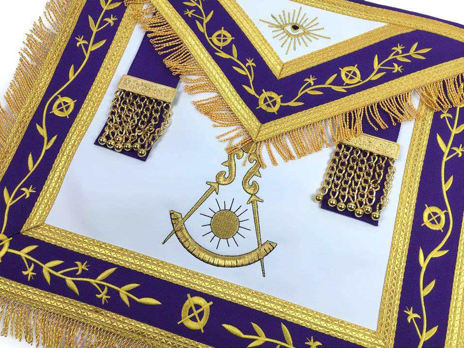 Past Master Blue Lodge Apron - White & Purple with Gold Machine Embroidery - Bricks Masons