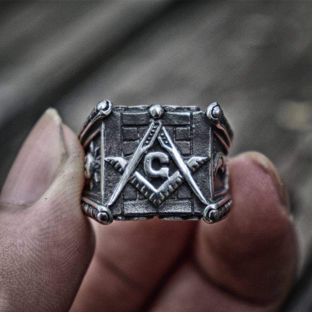 Master Mason Blue Lodge Ring - Square & Compass G/Sun and Moon Stainless Steel