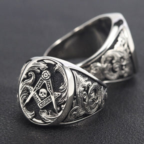 Master Mason Blue Lodge Ring - Signet Skull Square and Compass 925 Sterling Silver