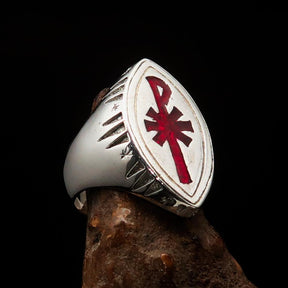 Red Cross Of Constantine Ring - Silver & Red Chi Rho Christogram Sterling Silver - Bricks Masons