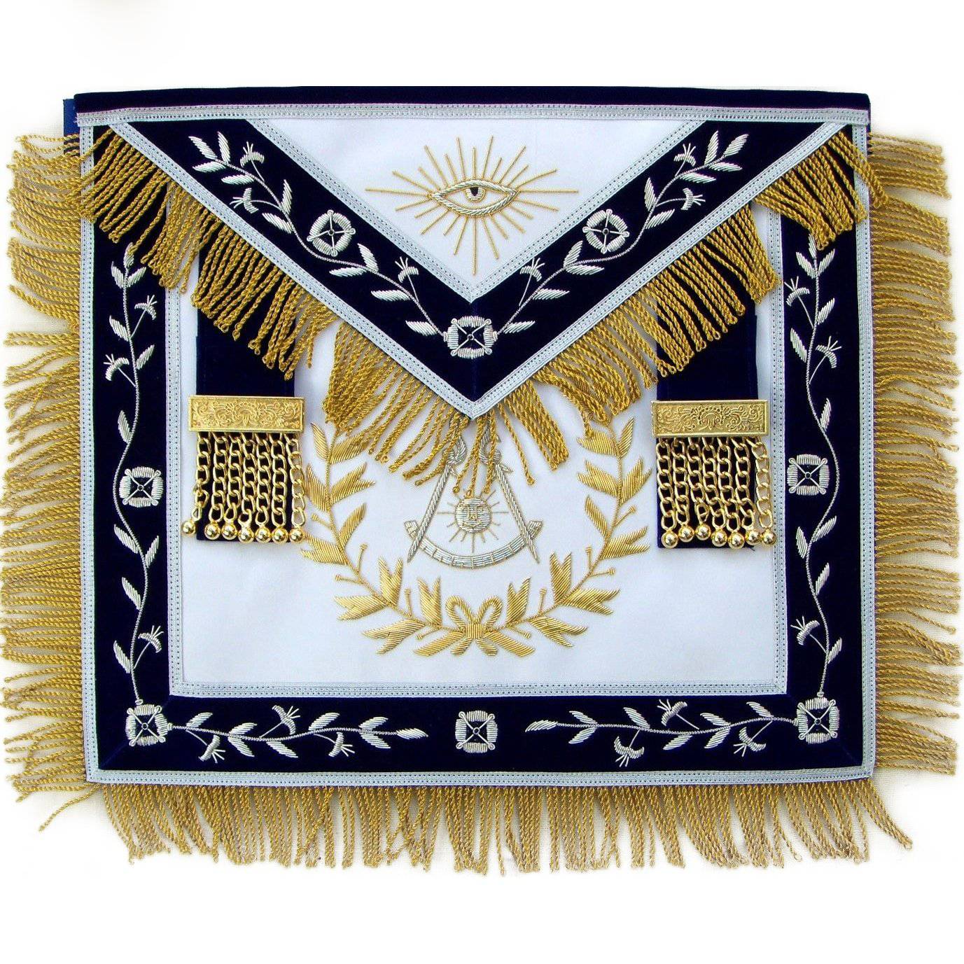 Past Master Blue Lodge Apron - Silver Braid & Golden Fringe Tassels Hand Embroidery