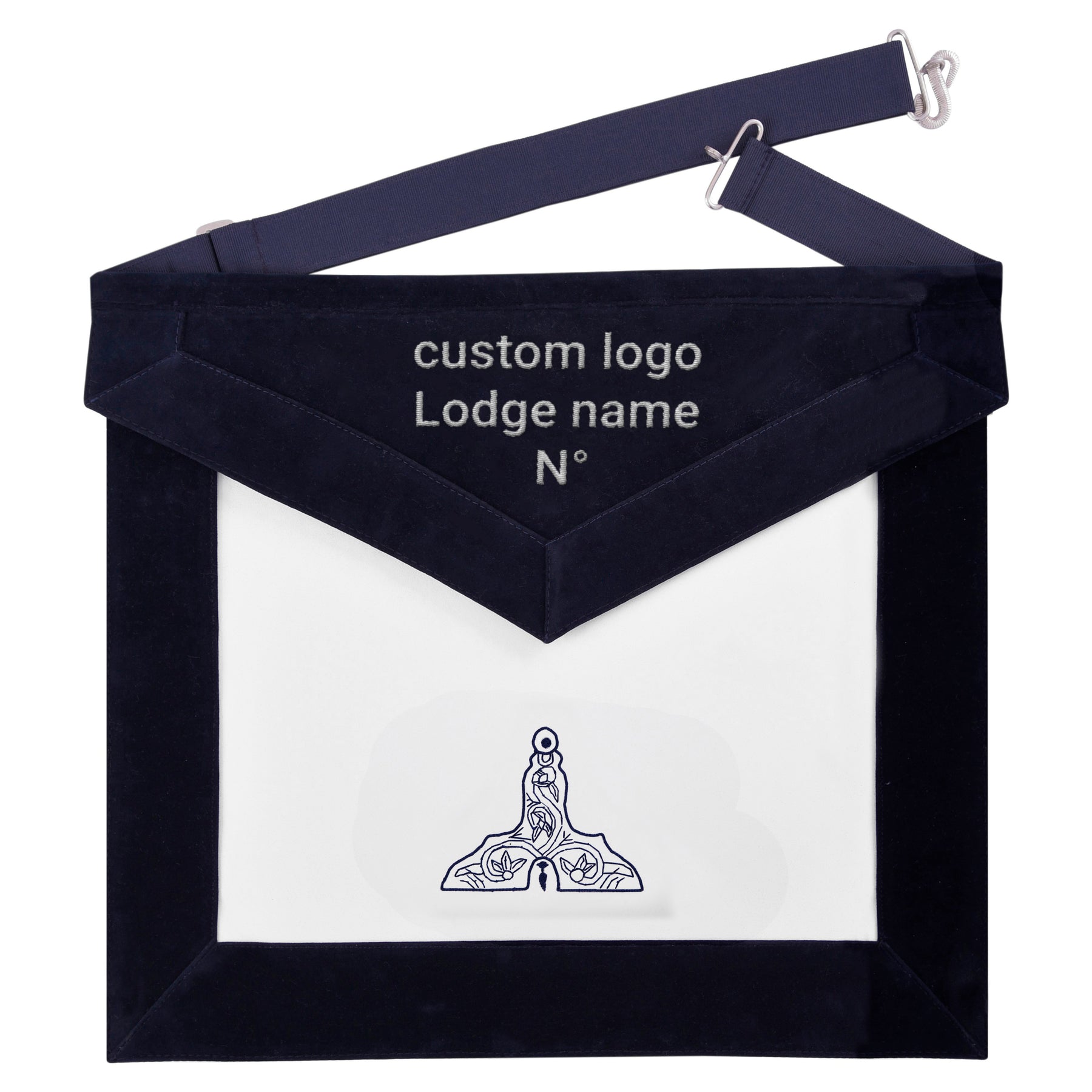 Senior Warden Blue Lodge Officer Apron -  Navy Velvet With Silver Embroidery Thread - Bricks Masons