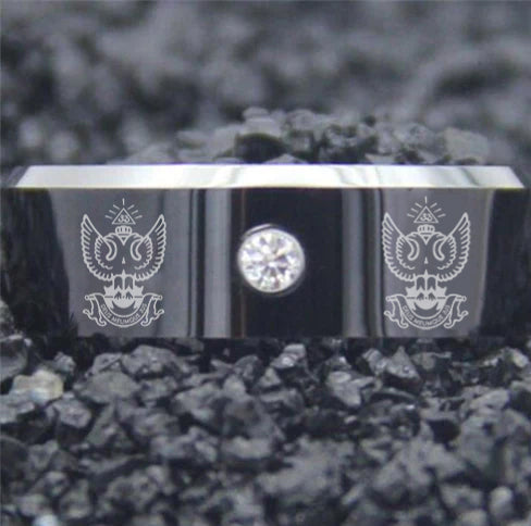 33rd Degree Scottish Rite Ring -  Wings Up Black Silver Bevel With CZ Stone - Bricks Masons