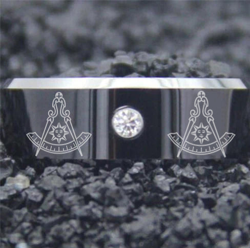 Past Master Blue Lodge California Regulation Ring - Black Silver Bevel With CZ Stone - Bricks Masons