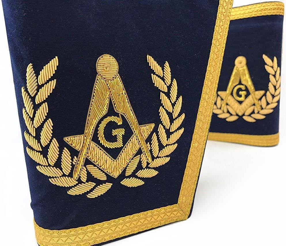 Master Mason Blue Lodge Cuff - Navy Blue Hand Embroidered Square & Compass G - Bricks Masons