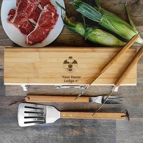 33rd Degree Scottish Rite Grill Tool - Wings Down BBQ Set & Bamboo Case - Bricks Masons