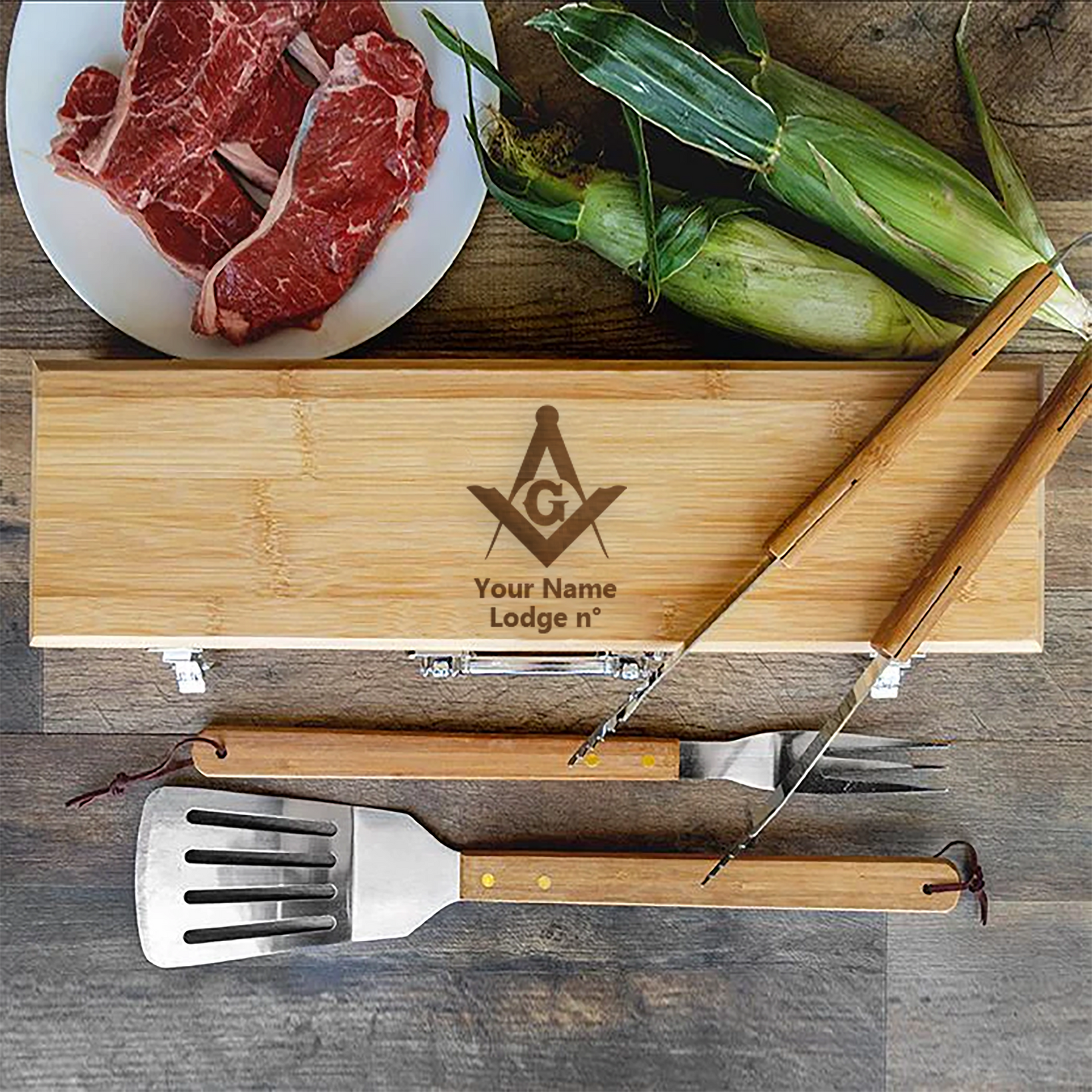 Master Mason Blue Lodge Grill Tool - BBQ Set & Bamboo Case - Bricks Masons