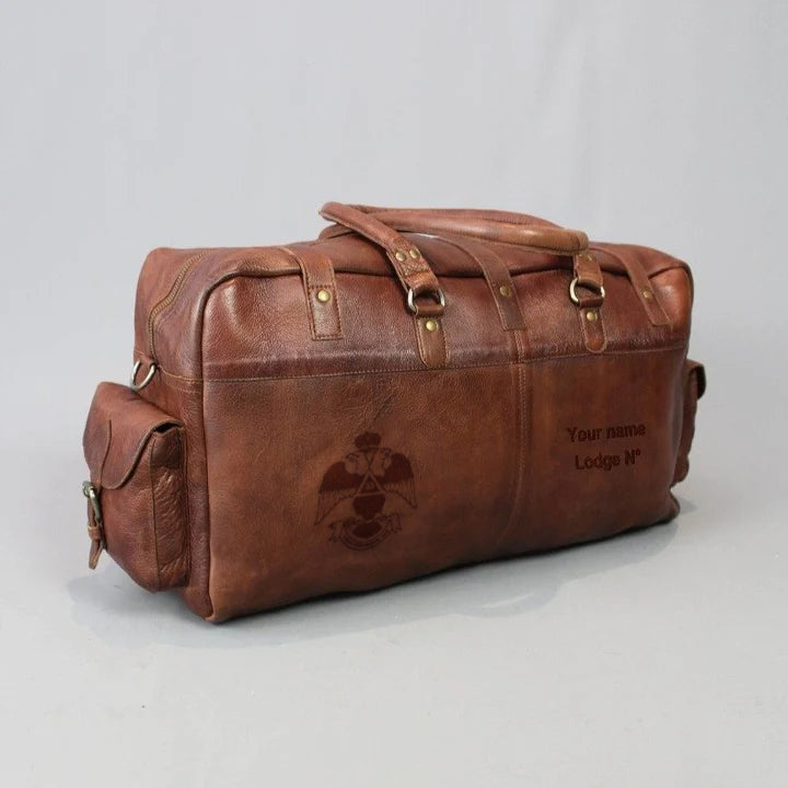 33rd Degree Scottish Rite Travel Bag - Wings Down Conker Brown Leather - Bricks Masons