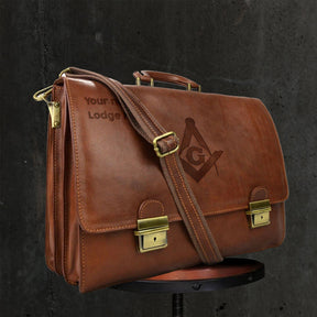 Master Mason Blue Lodge Briefcase - Genuine Brown Leather - Bricks Masons