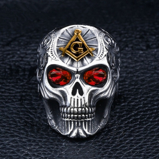 Master Mason Blue Lodge Ring - Gothic Crystal Eye Skull - Bricks Masons