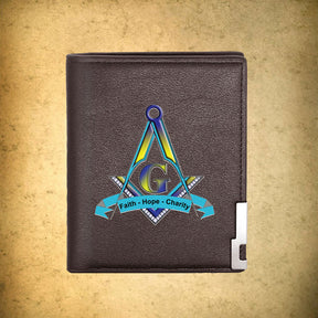 Master Mason Blue Lodge Wallet - Faith Hope Charity Pu Leather & Credit Card Holder (Black & Brown) - Bricks Masons