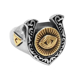 Eye Of Providence Ring - Horseshoe AllSeeing Eye [Silver & Gold] - Bricks Masons